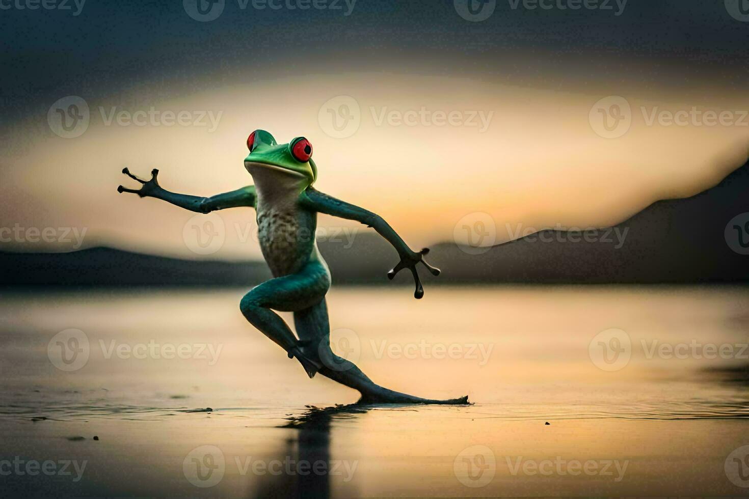 a frog is dancing on the beach at sunset. AI-Generated photo