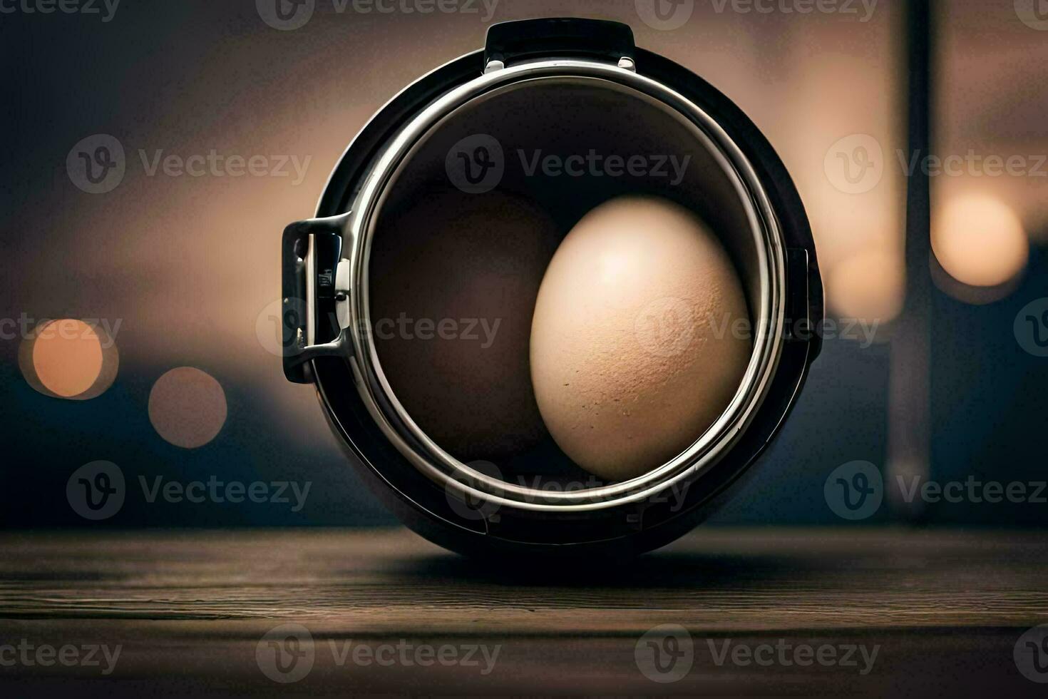 an egg in a black container on a table. AI-Generated photo