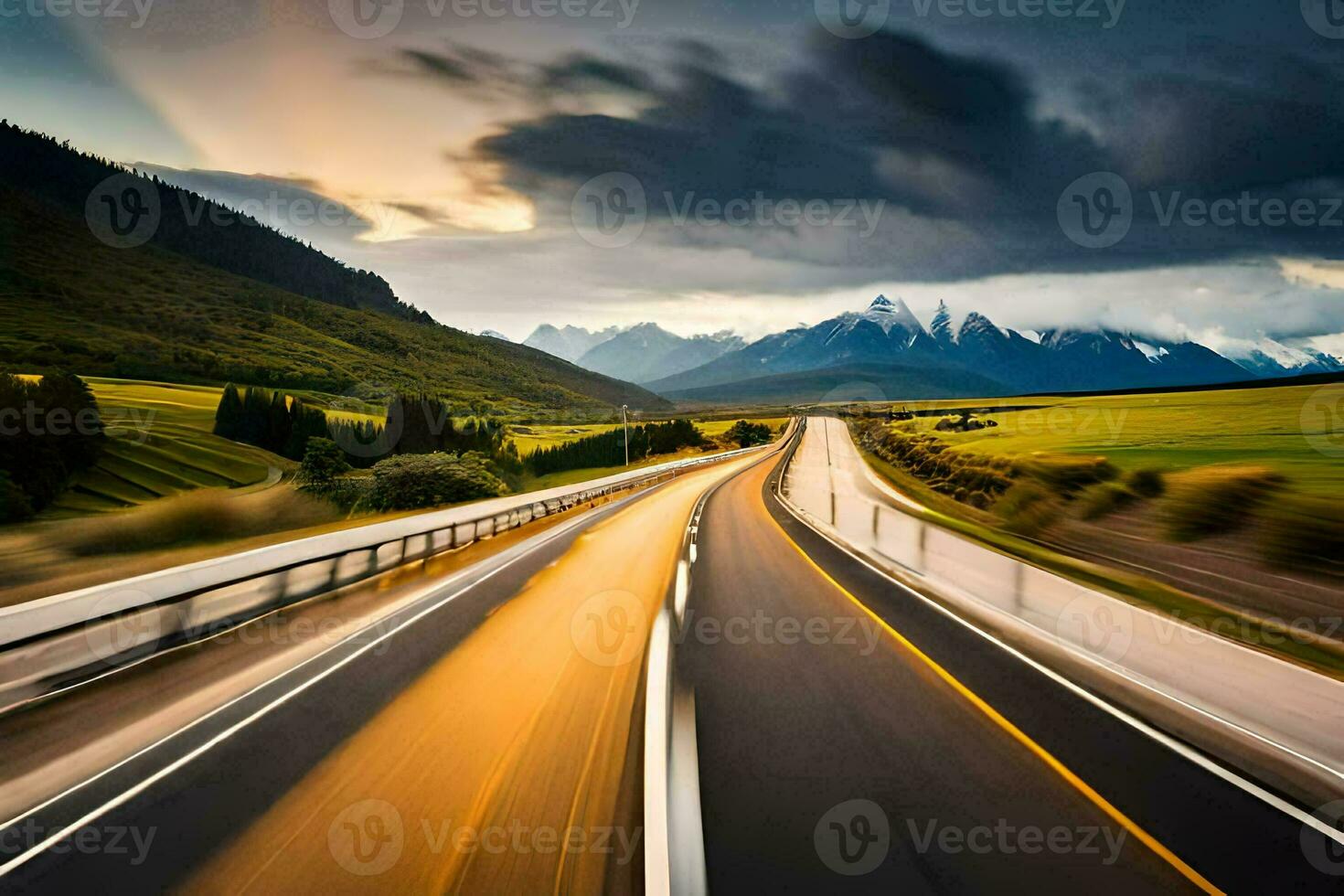 a road with a mountain in the background. AI-Generated photo