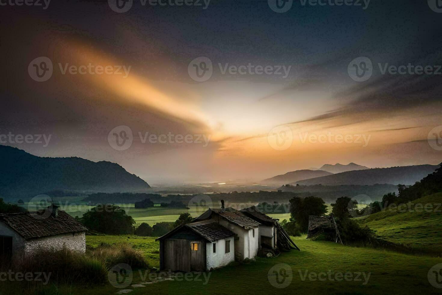 a small house in the middle of a field at sunset. AI-Generated photo