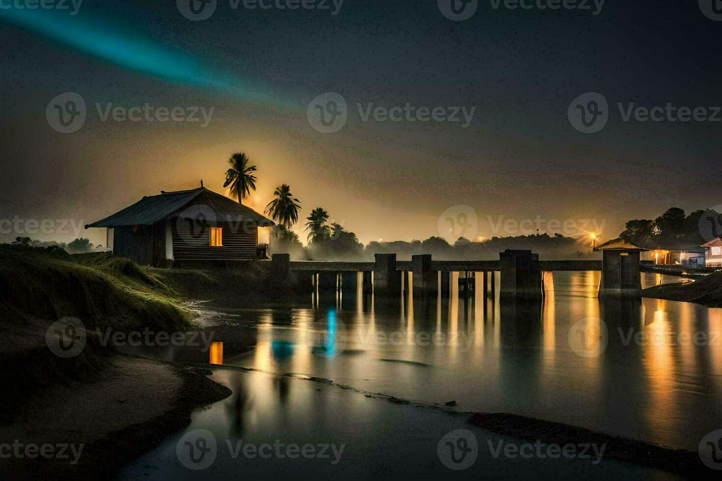 a house on the river at night with a light shining on it. AI-Generated photo