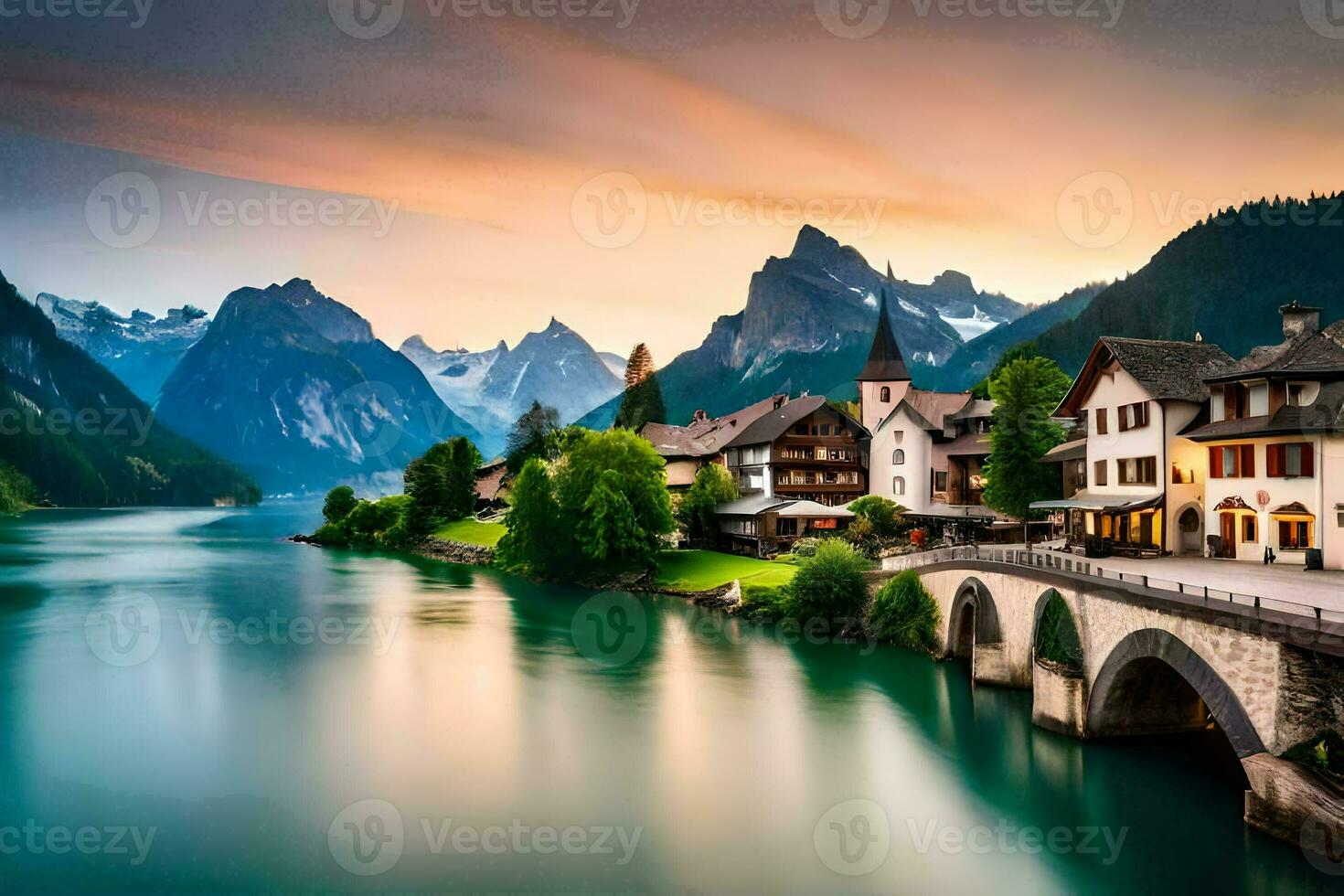 un hermosa montaña pueblo con un río y puente. generado por ai foto