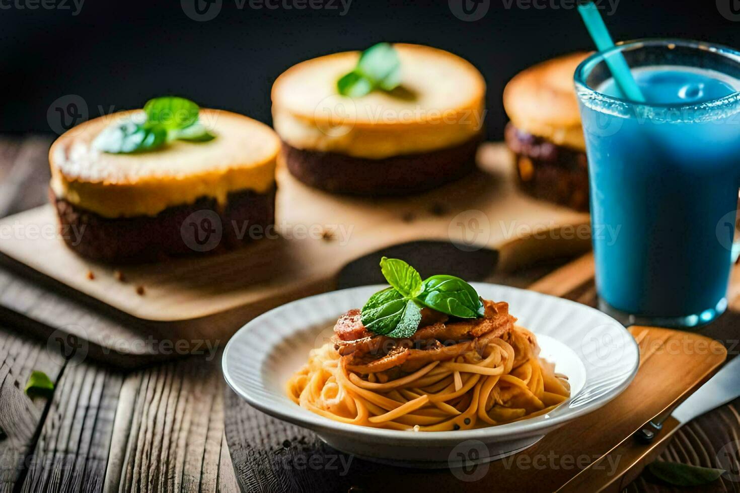 spaghetti and cheesecake on a wooden table. AI-Generated photo