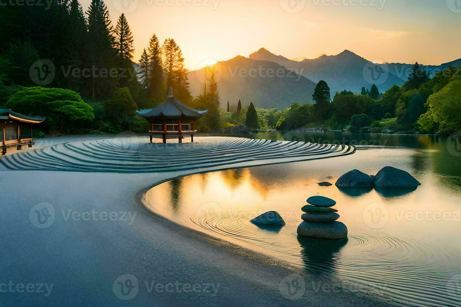 a beautiful sunset over a lake with rocks and a pagoda. AI-Generated photo