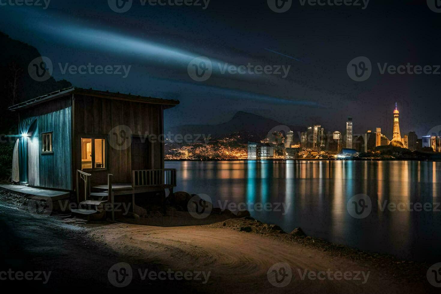 a small cabin sits on the shore of a lake at night. AI-Generated photo