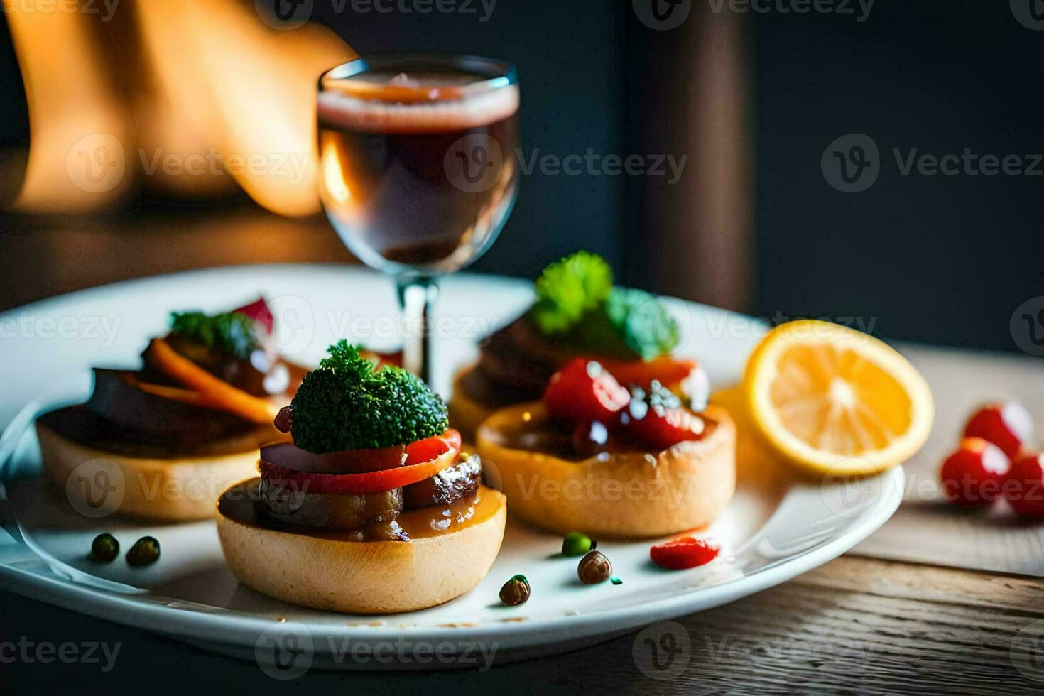 small appetizers on a plate with a glass of wine. AI-Generated photo