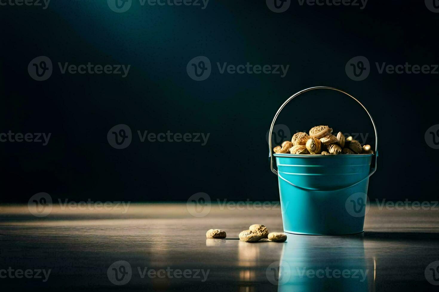 a blue bucket filled with peanuts on a table. AI-Generated photo