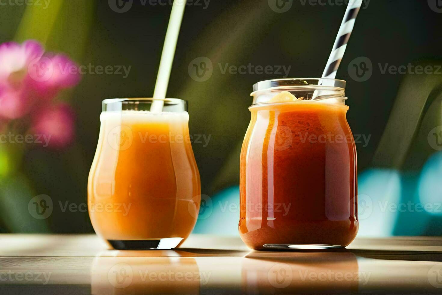 two glasses of juice with straws on a table. AI-Generated photo