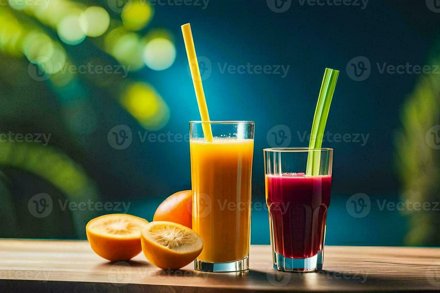 two glasses of juice with straws on a wooden table. AI-Generated photo