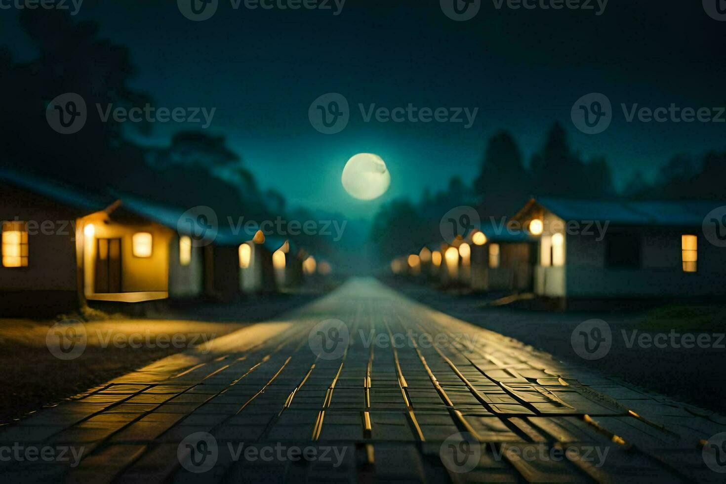 a long road leading to a small town at night. AI-Generated photo