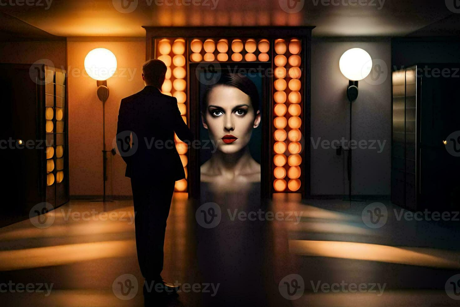 a man in a suit stands in front of a large screen. AI-Generated photo