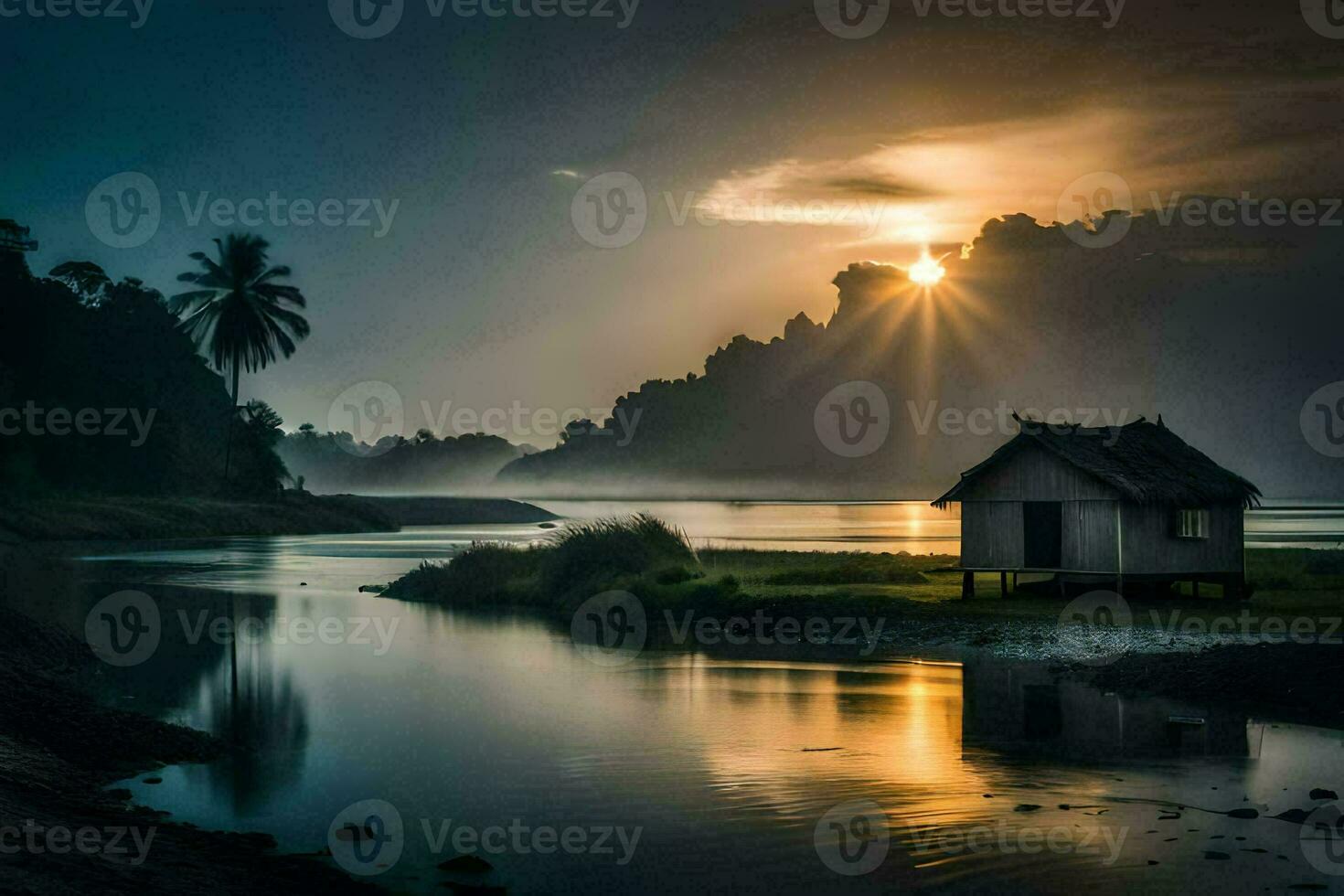 the sun rises over the water and a small hut in the middle of the river. AI-Generated photo
