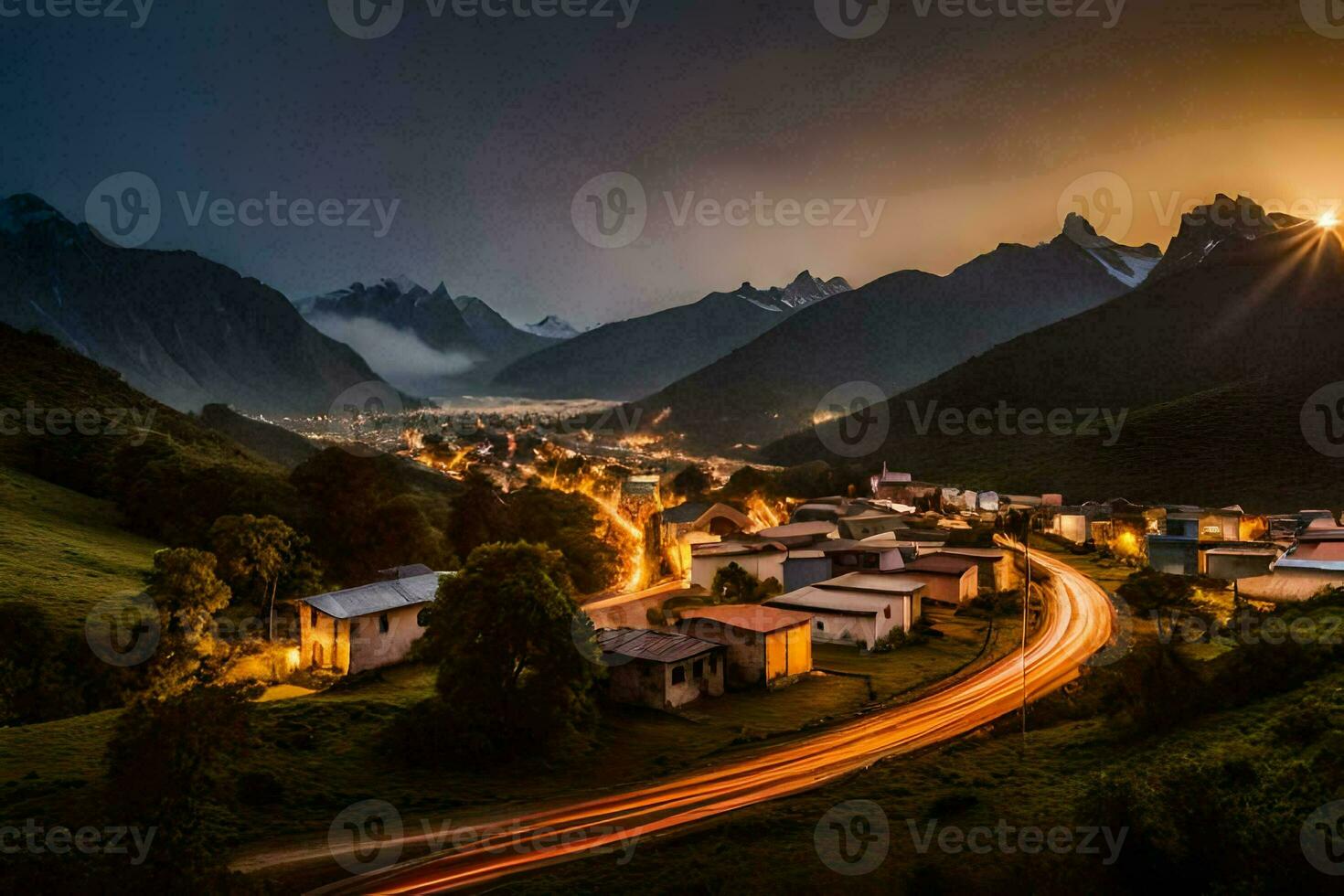 a town at night with mountains in the background. AI-Generated photo