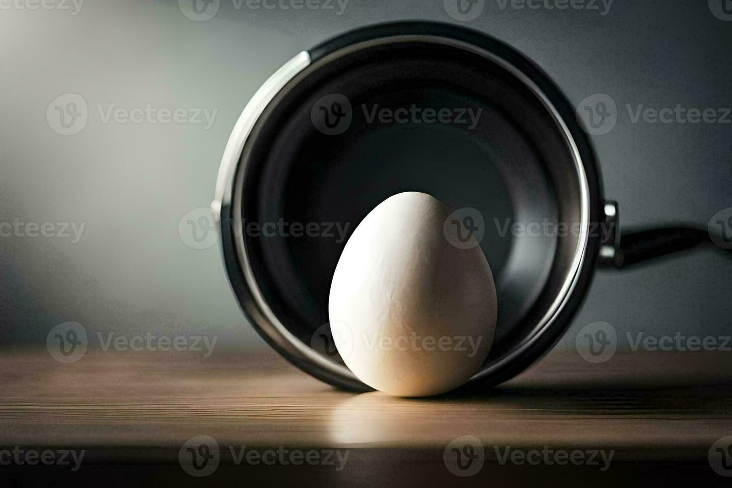 an egg is sitting in a pan on a table. AI-Generated photo