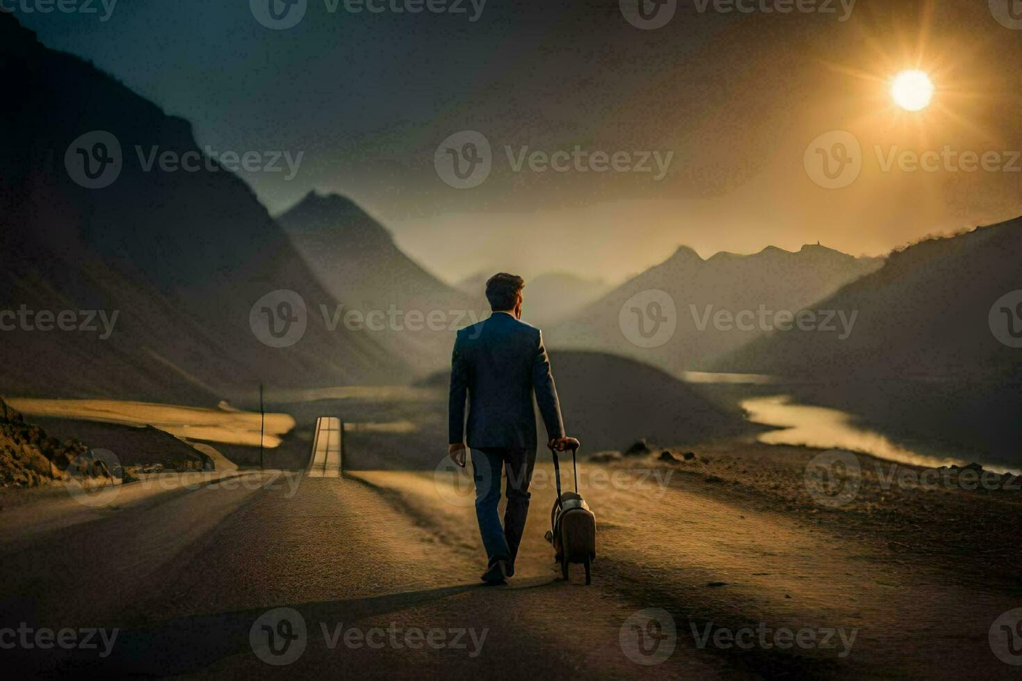 a man in a suit walks down a road with his dog. AI-Generated photo