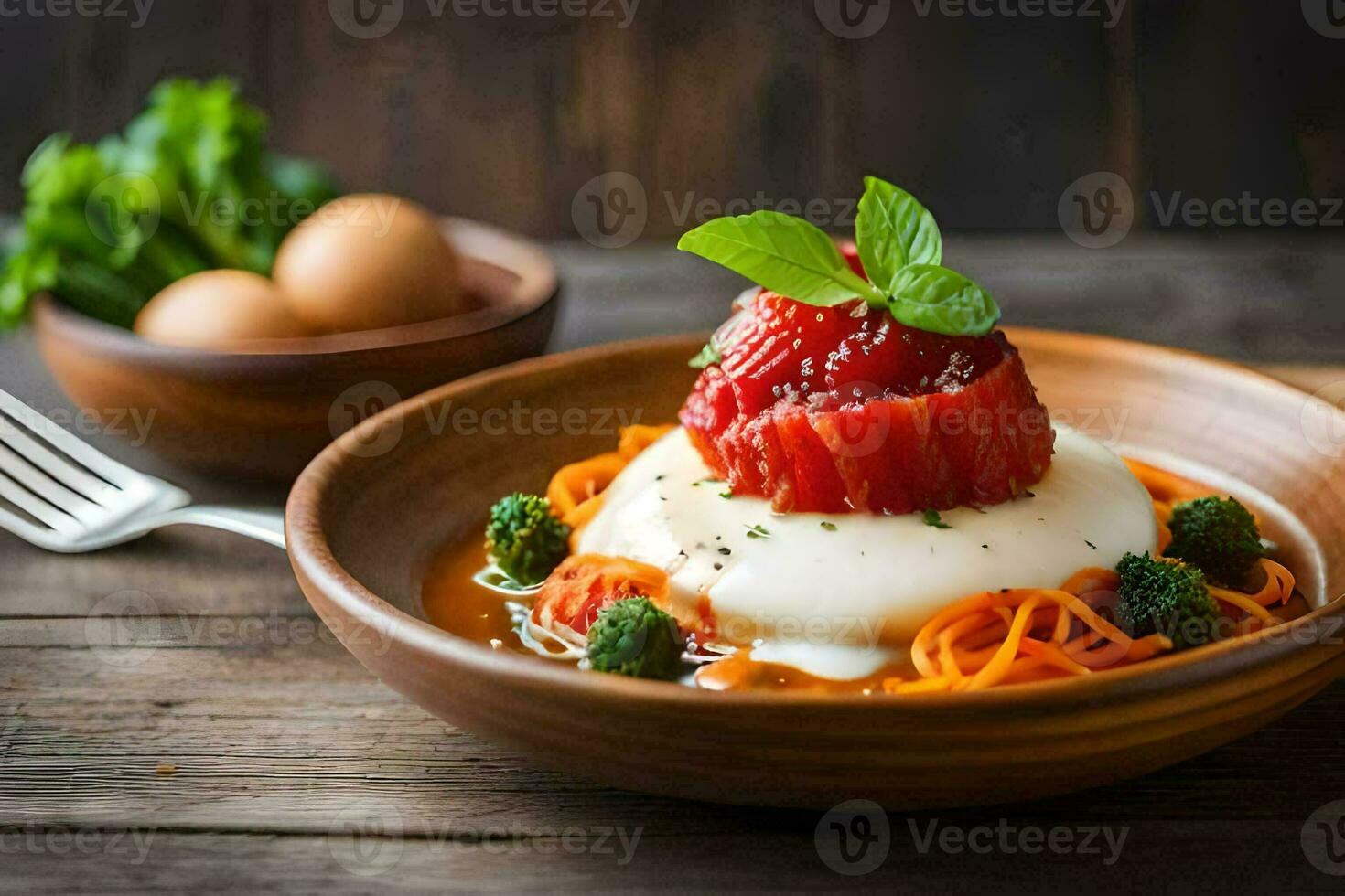a plate with a strawberry and ricotta on top. AI-Generated photo