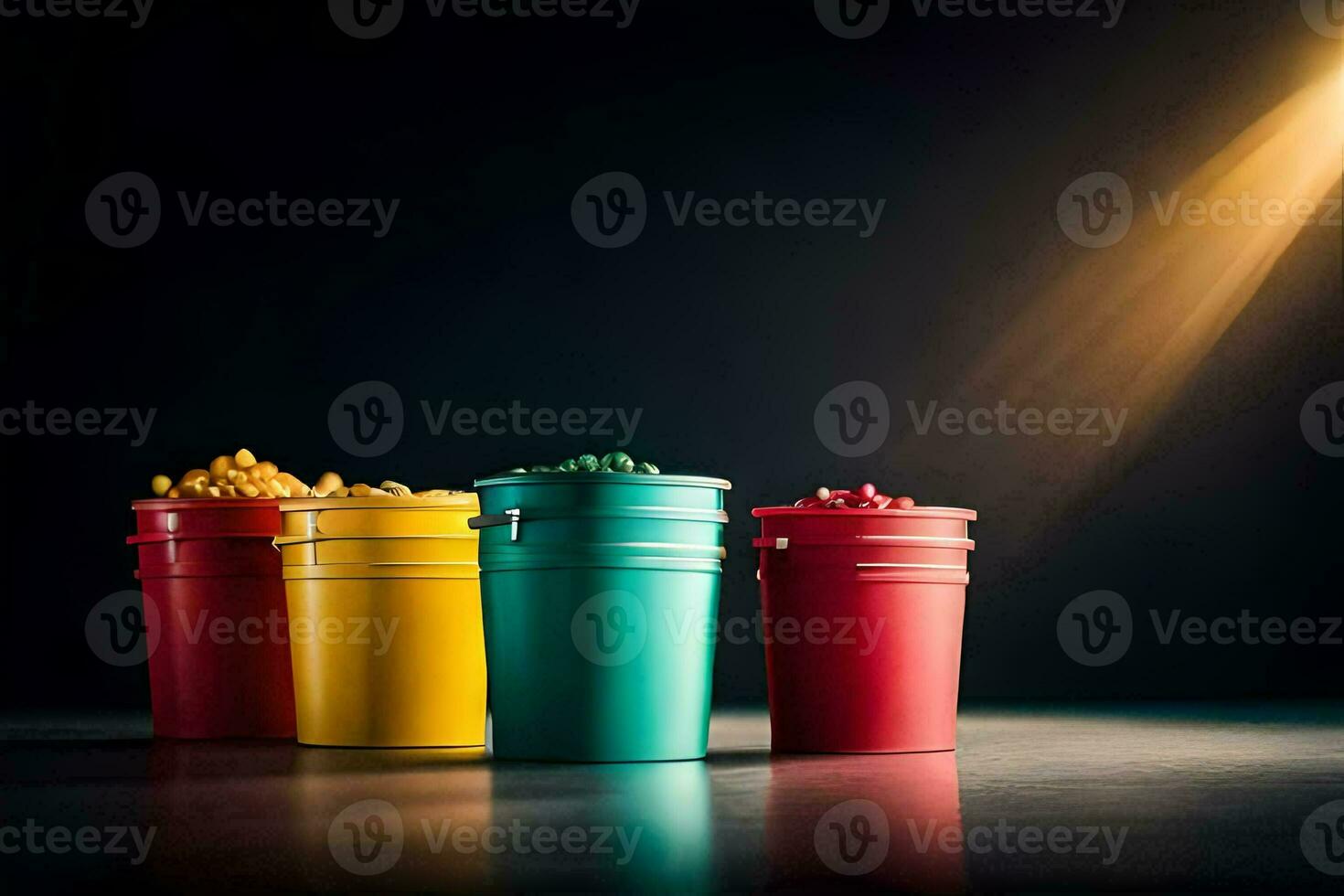 three buckets of colored popcorn on a dark table. AI-Generated photo