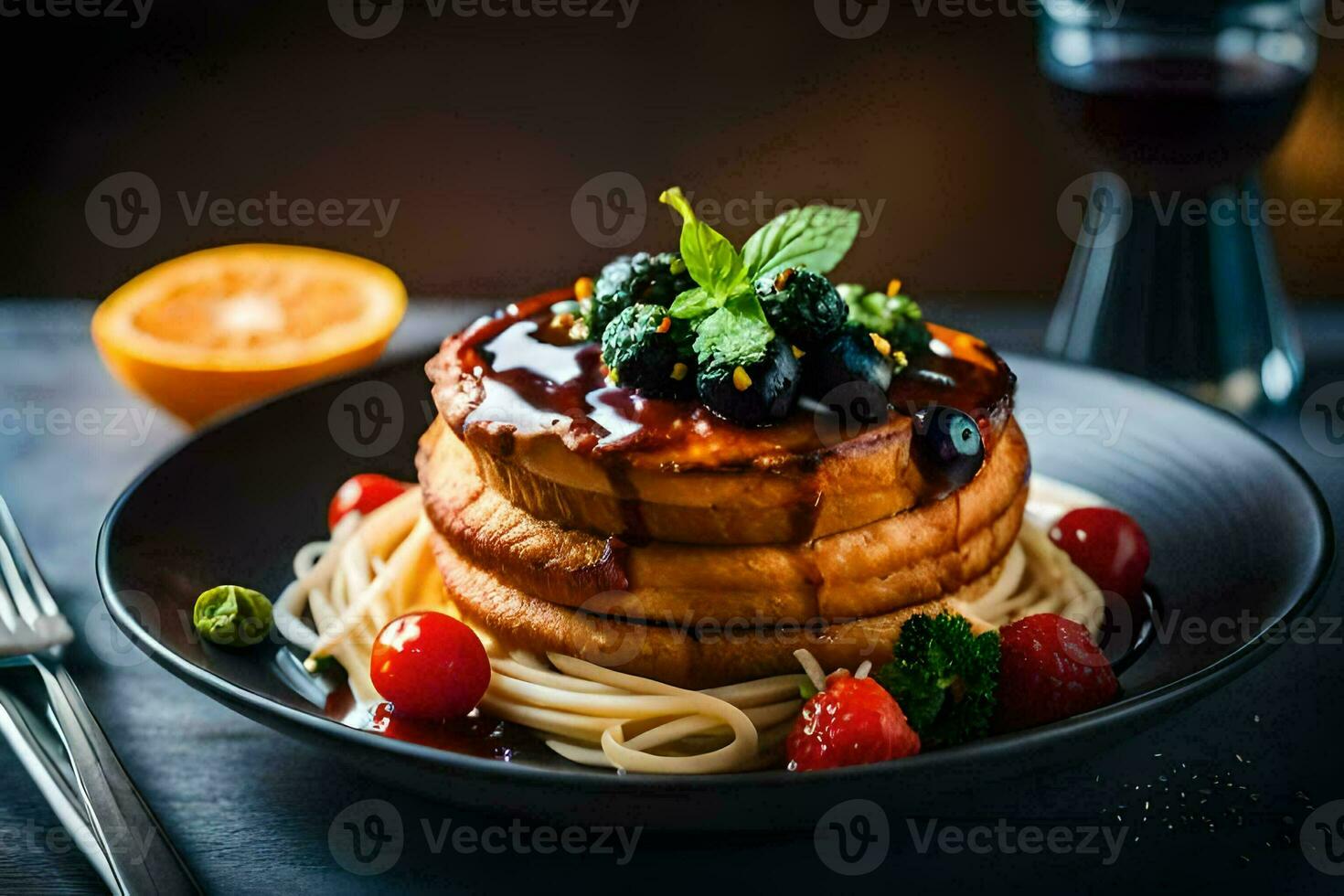 a stack of pancakes with berries and tomatoes. AI-Generated photo