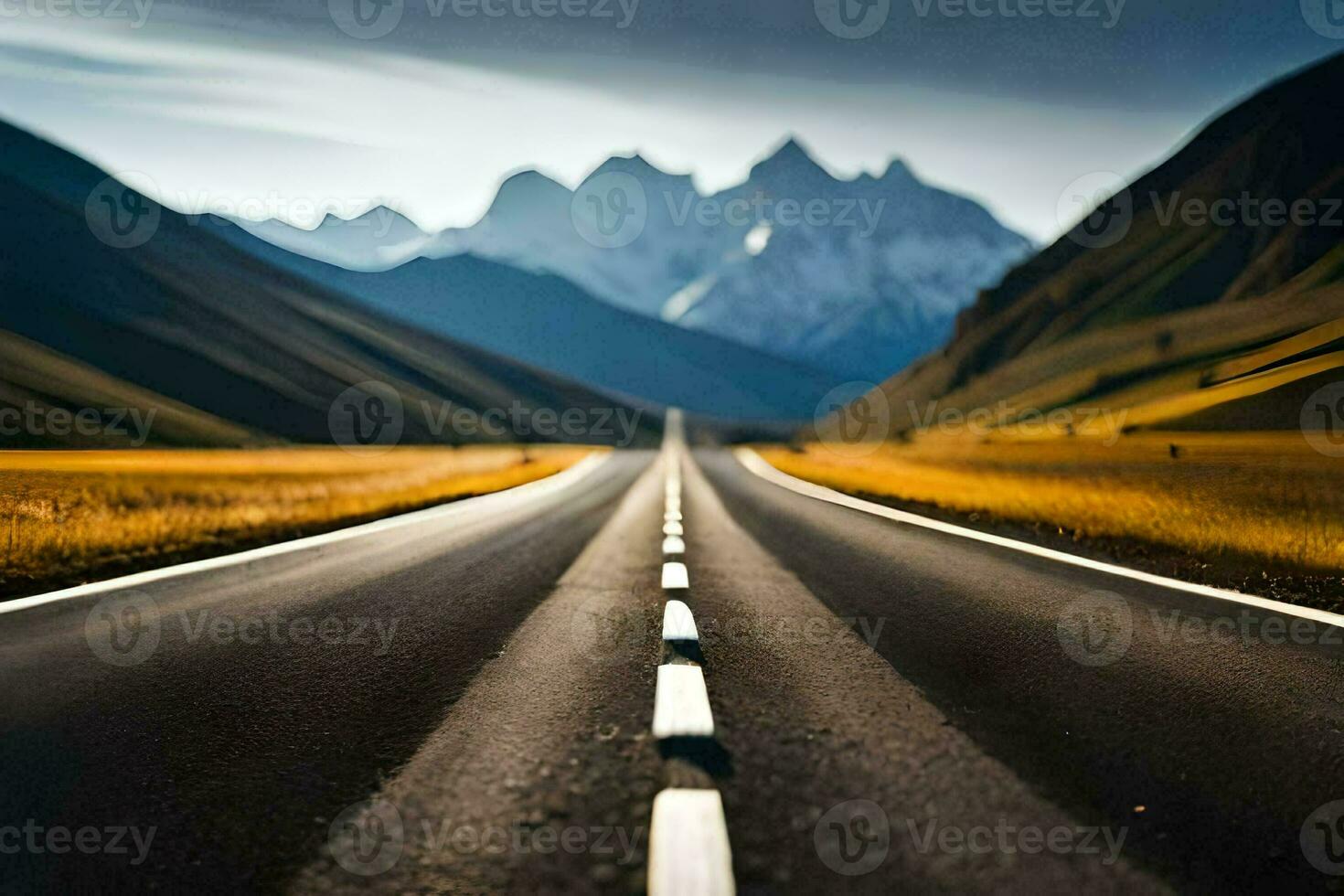 a long road with mountains in the background. AI-Generated photo