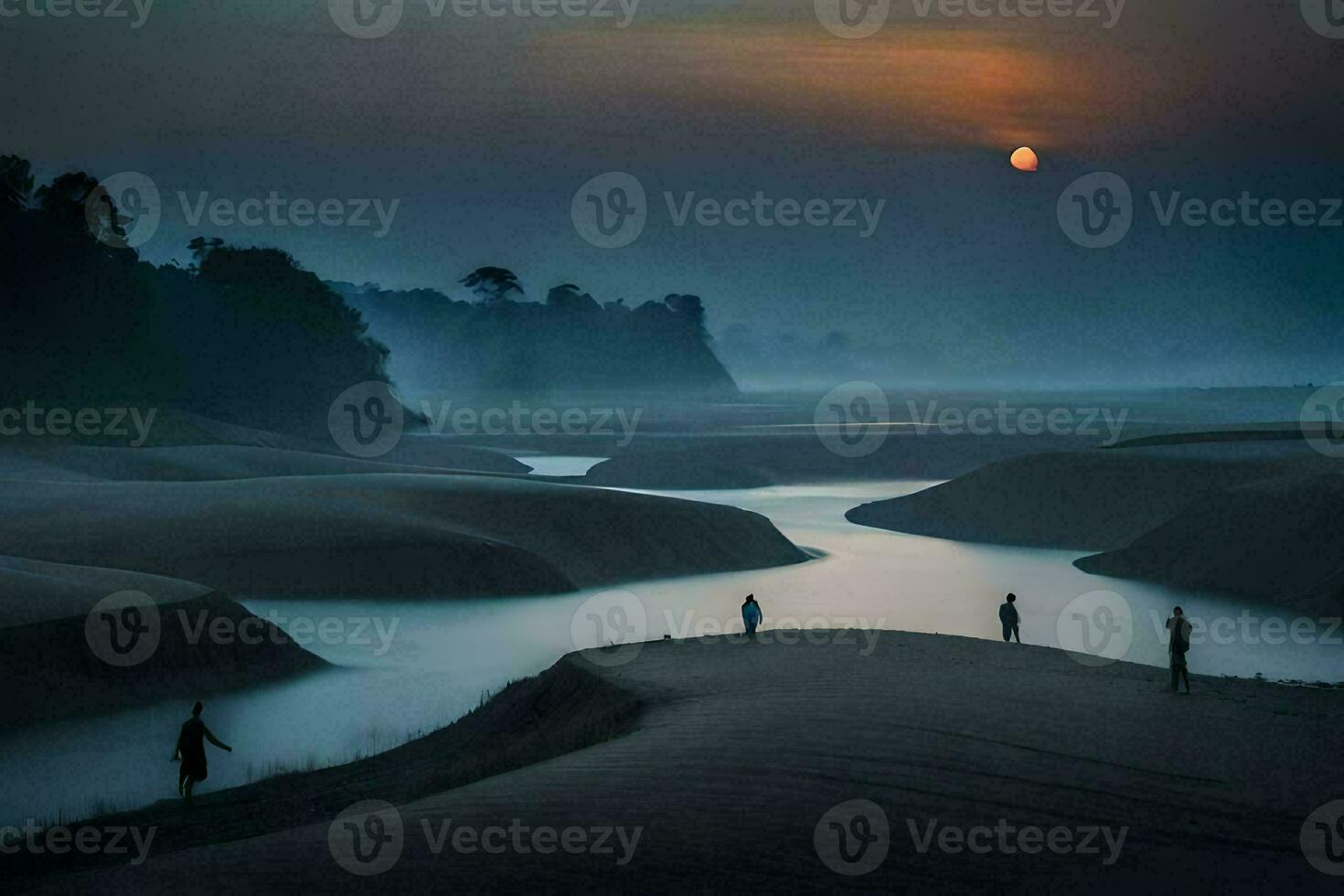 people walking along the shore of a river at dusk. AI-Generated photo