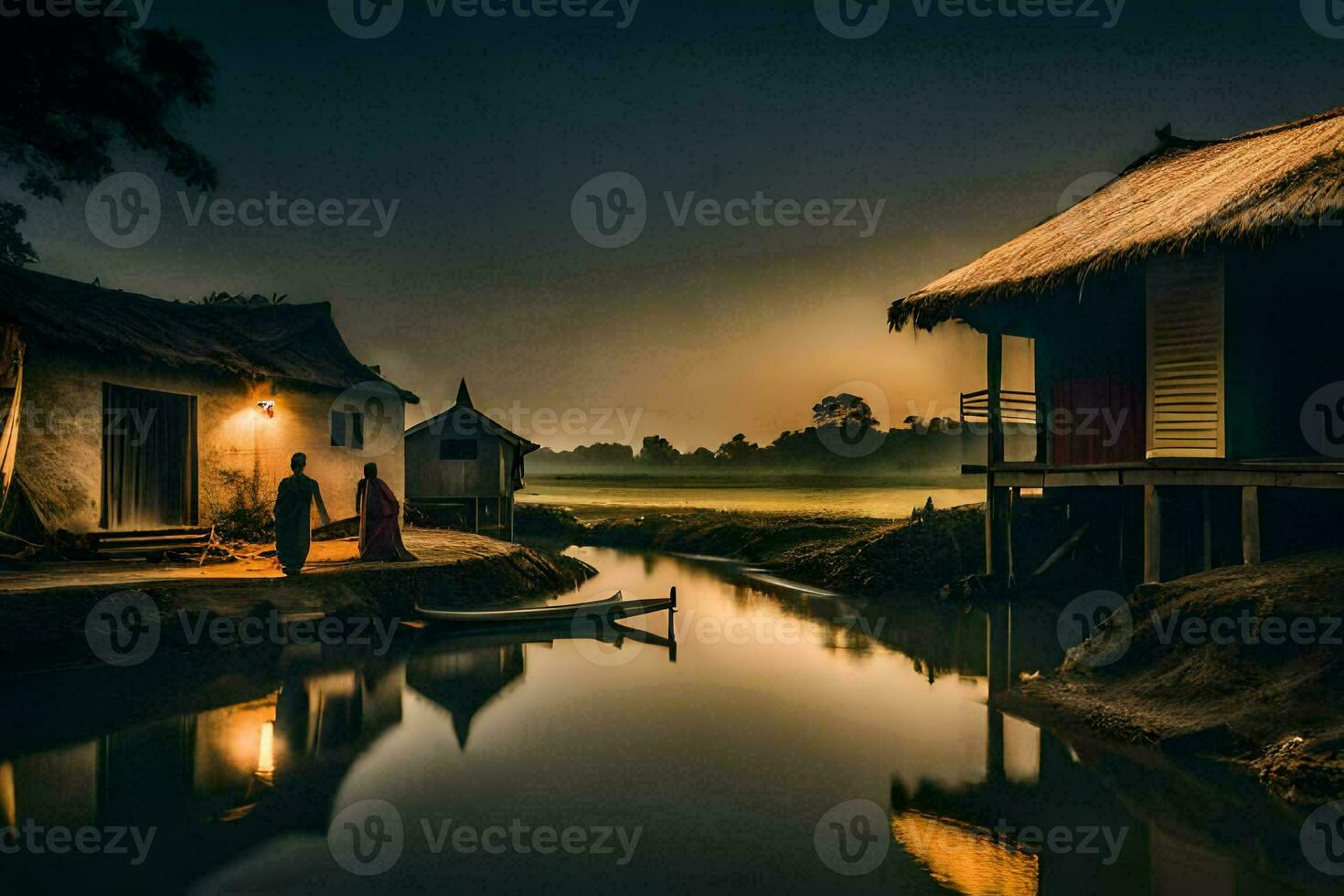 photo wallpaper the sky, water, boat, house, river, sunset, the village, the. AI-Generated