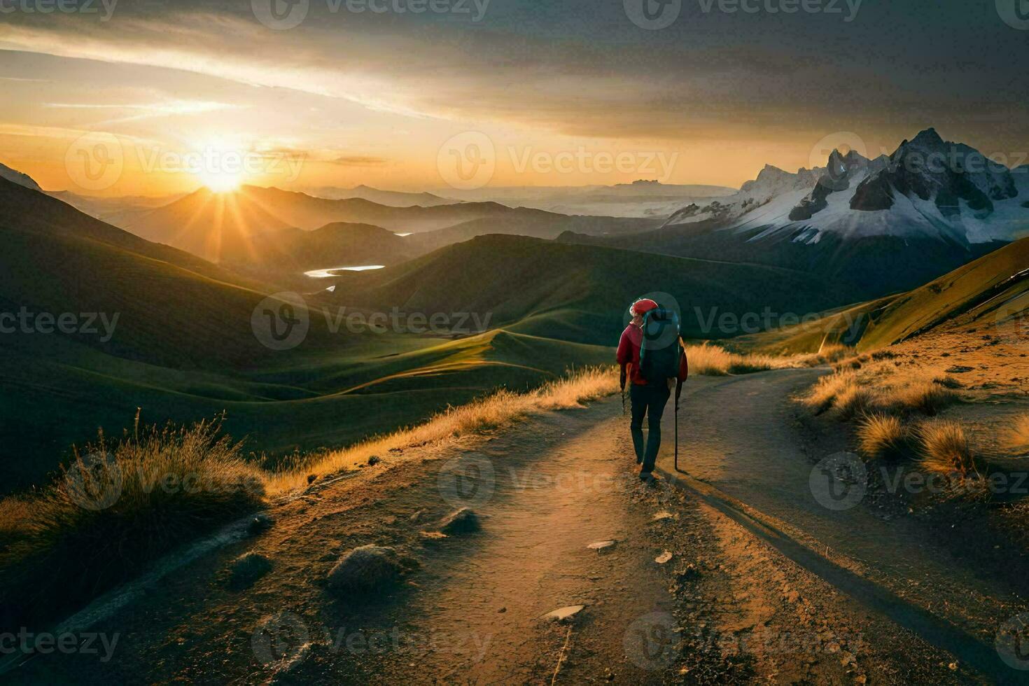 a person walking on a path in the mountains. AI-Generated photo