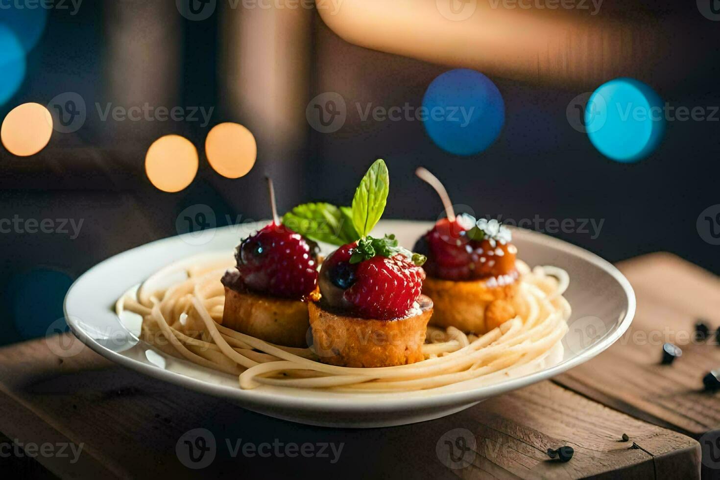 a plate of spaghetti with strawberries and a fork. AI-Generated photo