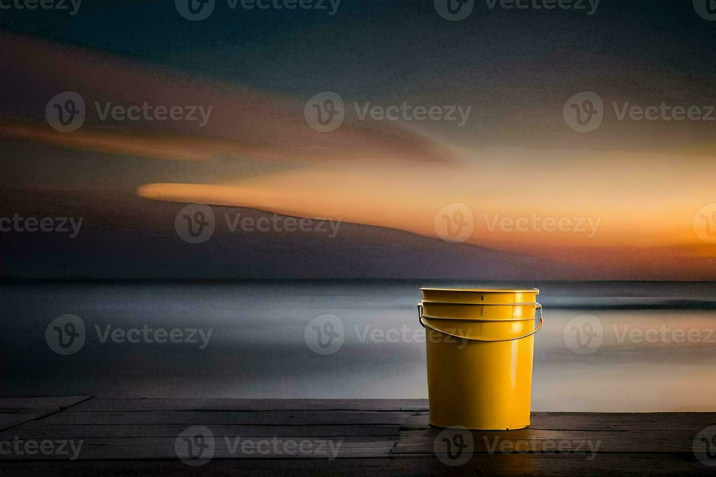 un amarillo Cubeta se sienta en un muelle a puesta de sol. generado por ai foto