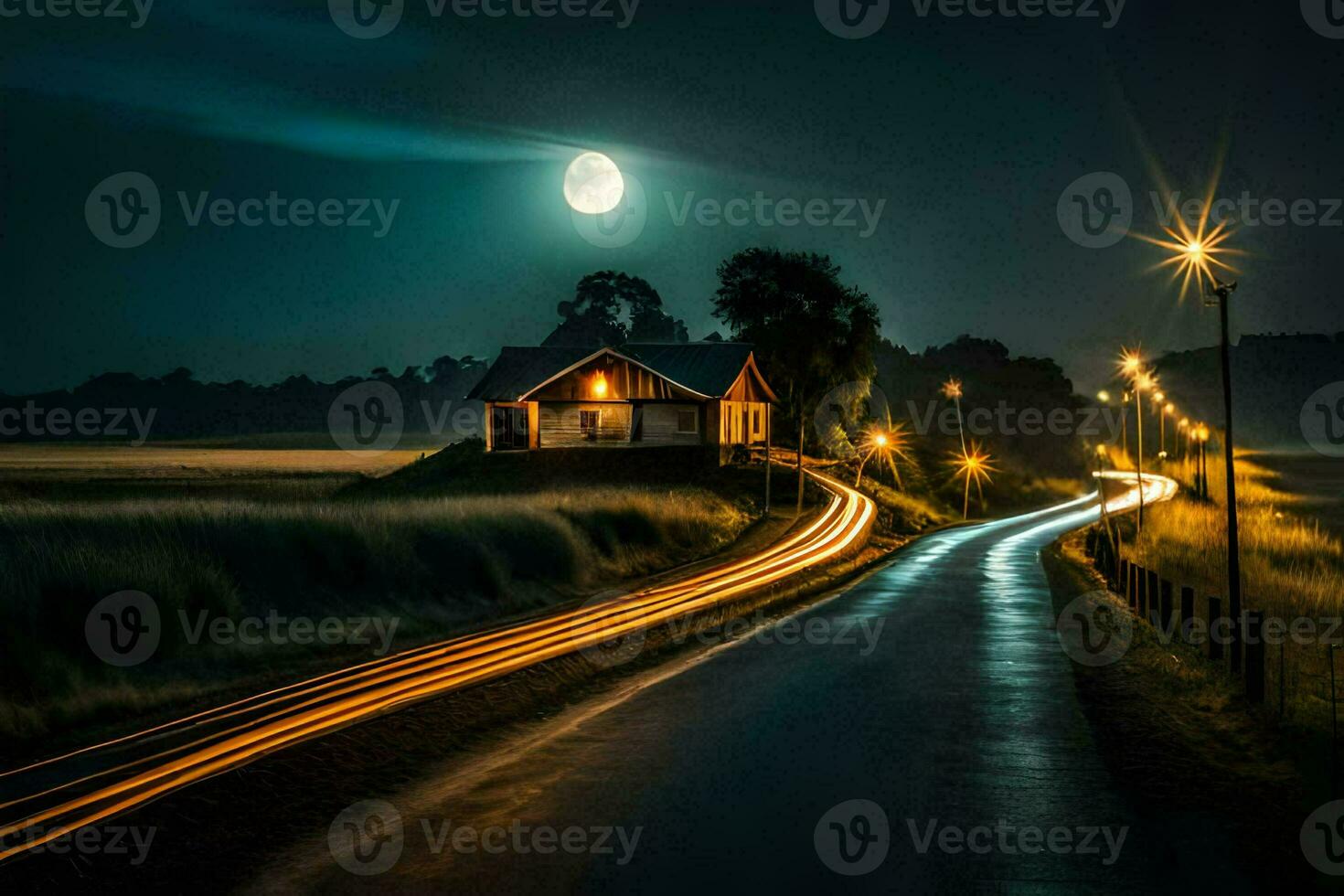 a road at night with a house and moonlight. AI-Generated photo