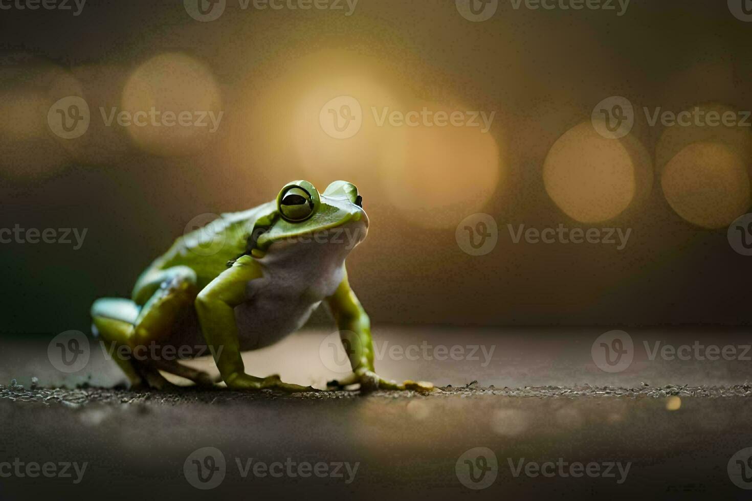 a frog is sitting on the ground in front of a blurry background. AI-Generated photo