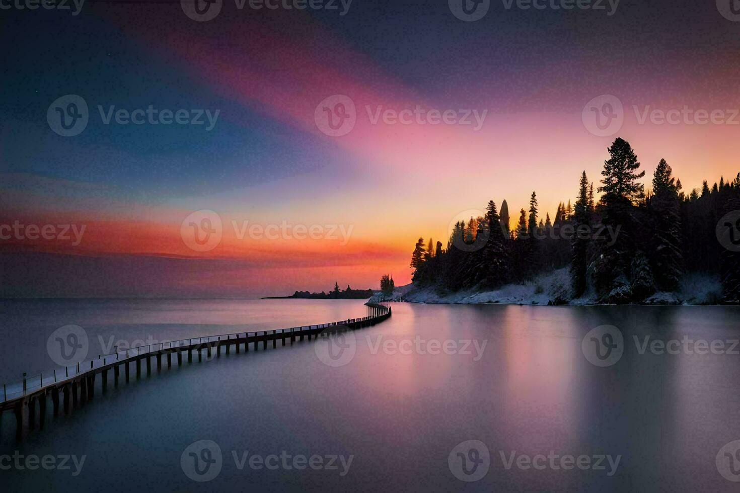 a pier in the middle of a lake at sunset. AI-Generated photo