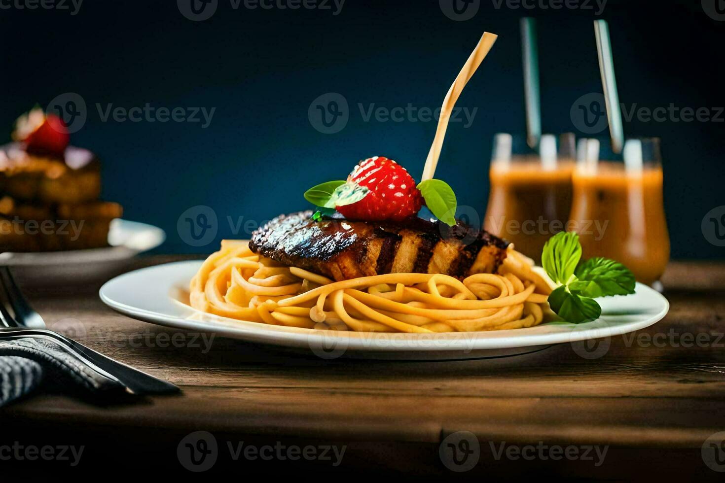 the food is served on a plate with a fork and a spoon. AI-Generated photo