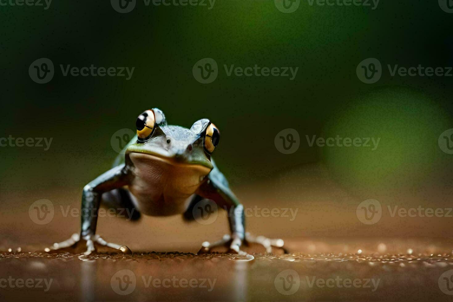 a frog is standing on the ground with its legs spread. AI-Generated photo