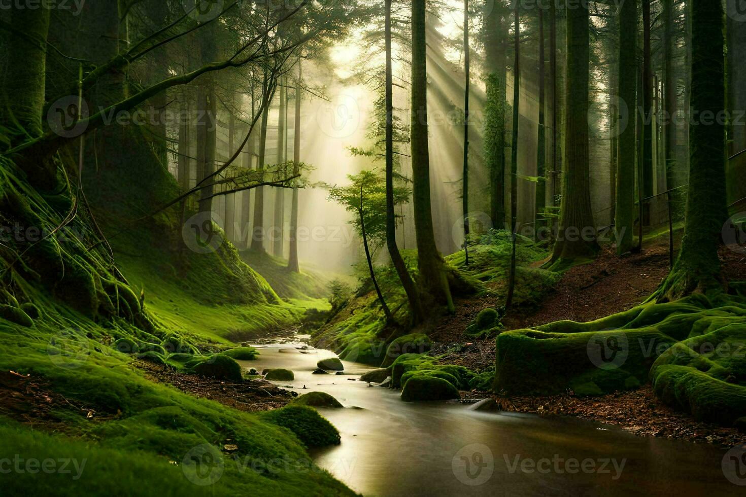 a stream runs through a green forest with trees and sunbeams. AI-Generated photo