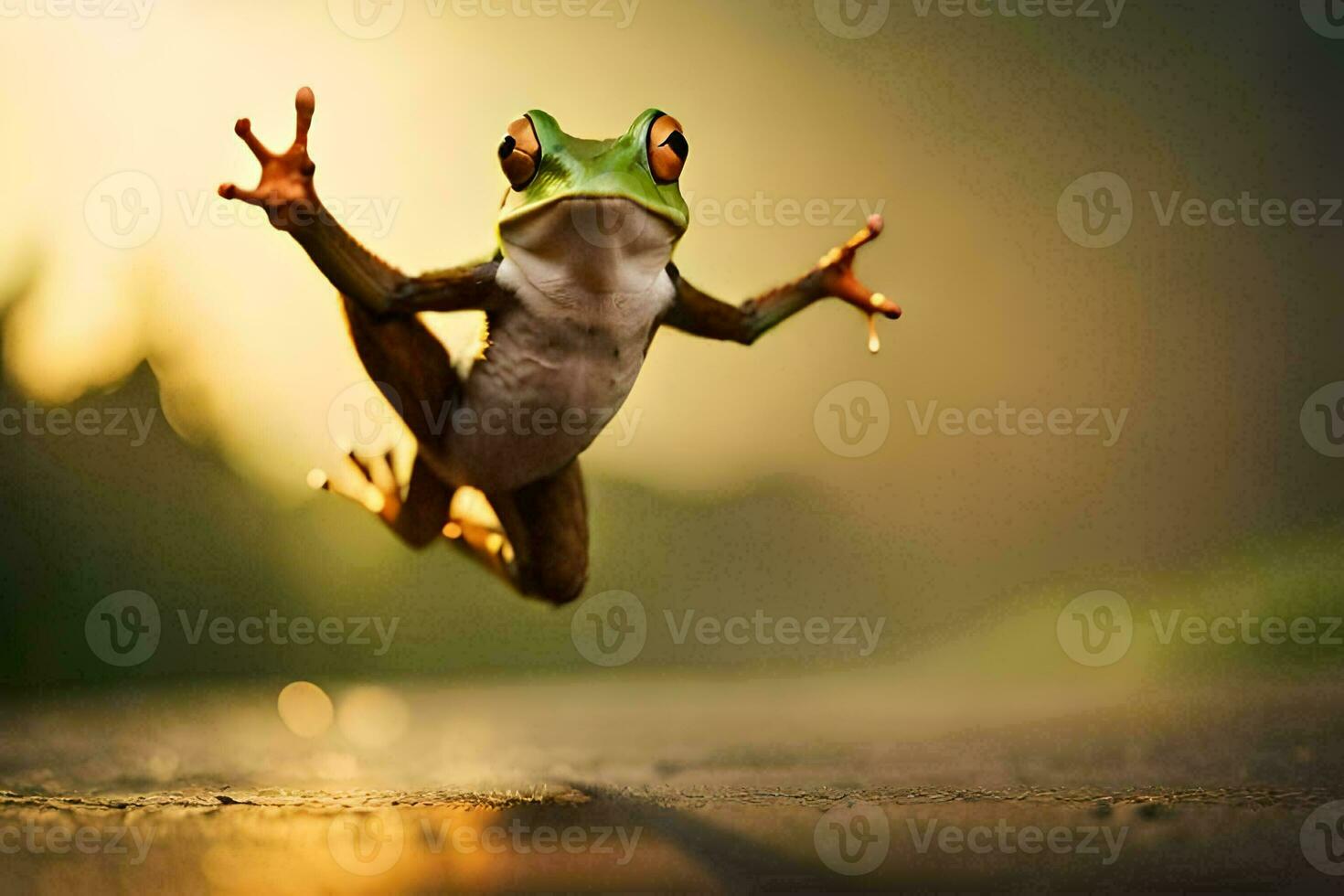 a frog jumping in the air with its legs spread. AI-Generated photo