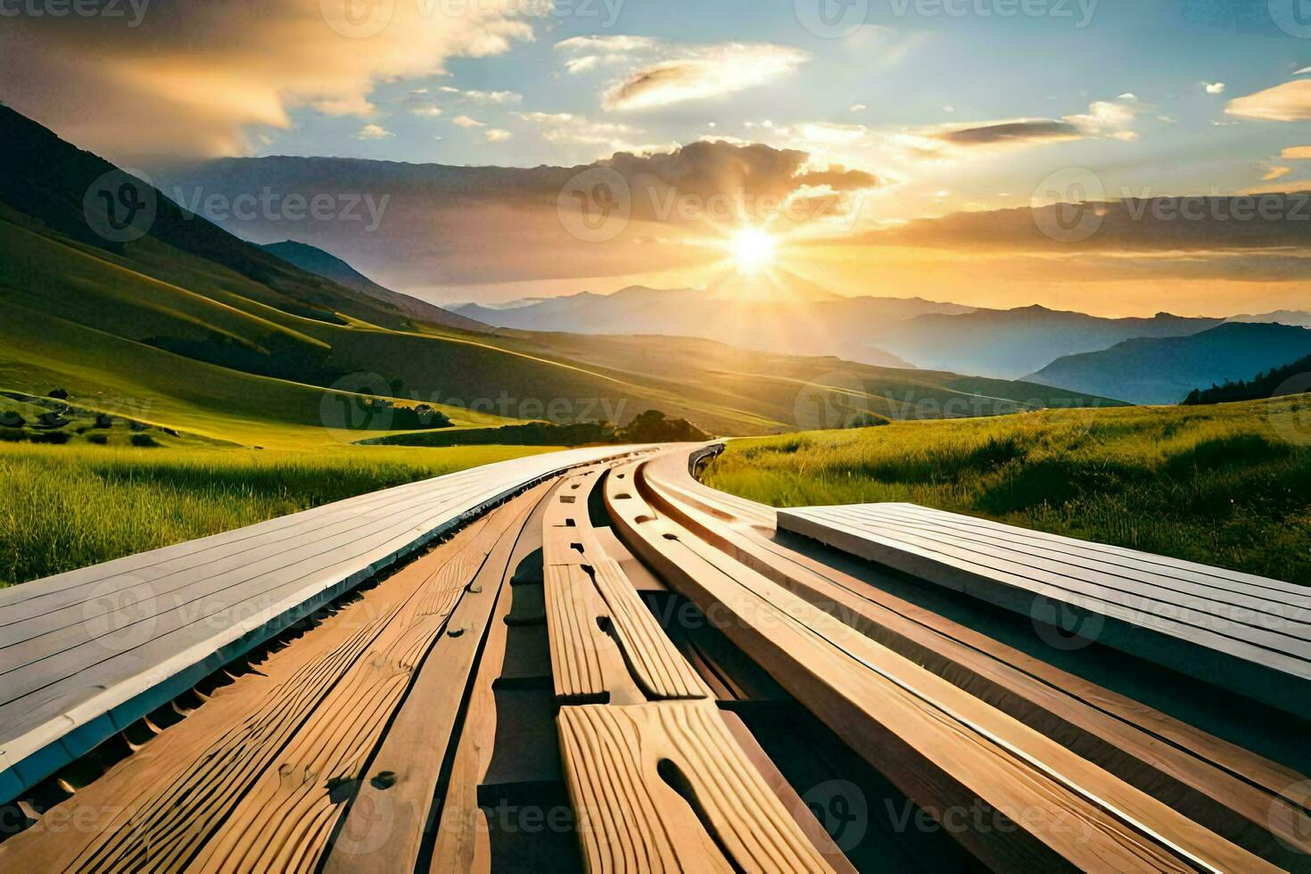 a wooden track leading to the sun in the mountains. AI-Generated photo