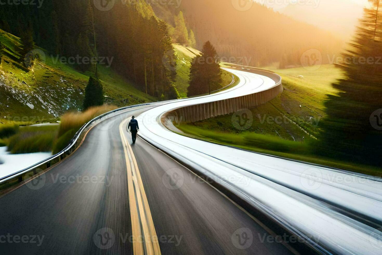 a man riding a bike down a winding road. AI-Generated photo