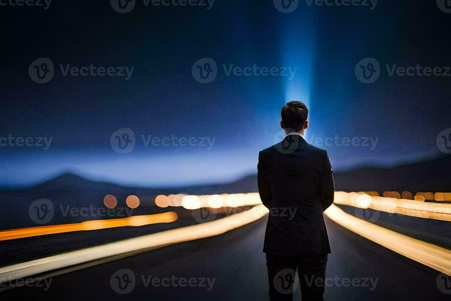 a man in a suit stands on a road at night. AI-Generated photo