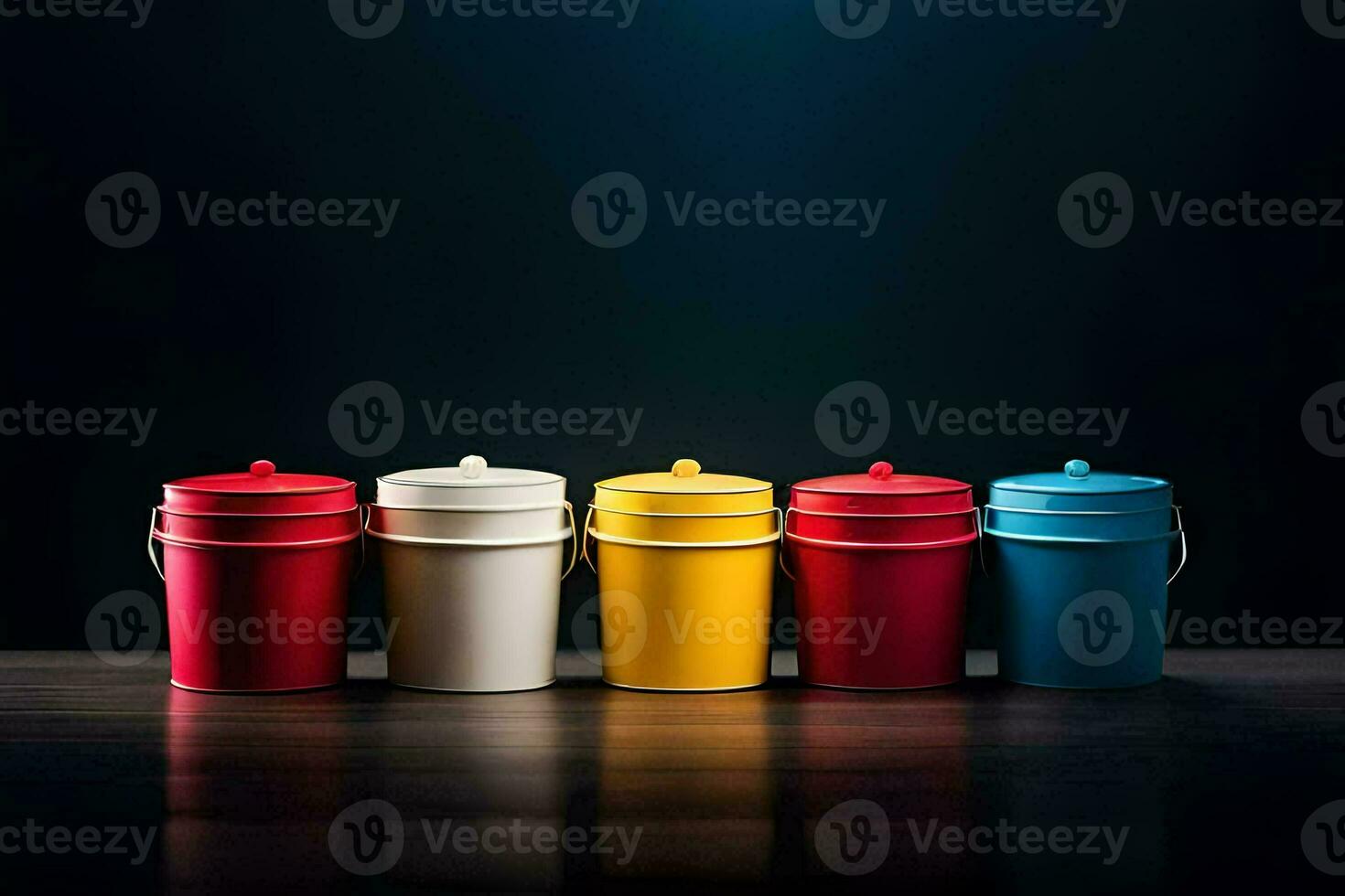 a row of colorful buckets on a dark background. AI-Generated photo