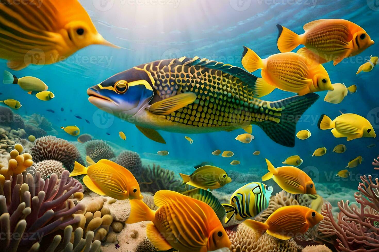 fish swimming in the ocean with coral reefs. AI-Generated photo