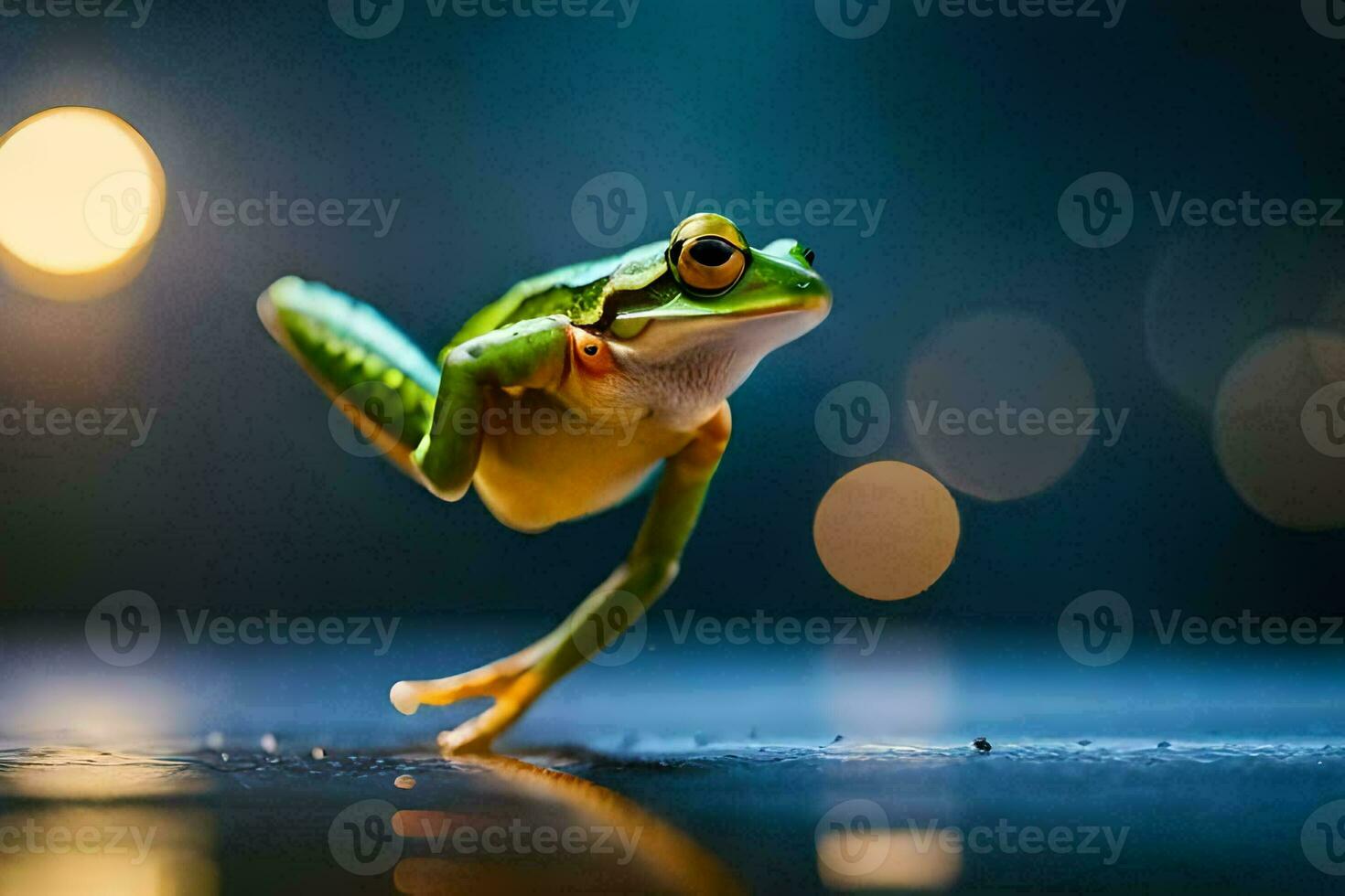 a frog jumping on the ground with a blurry background. AI-Generated photo