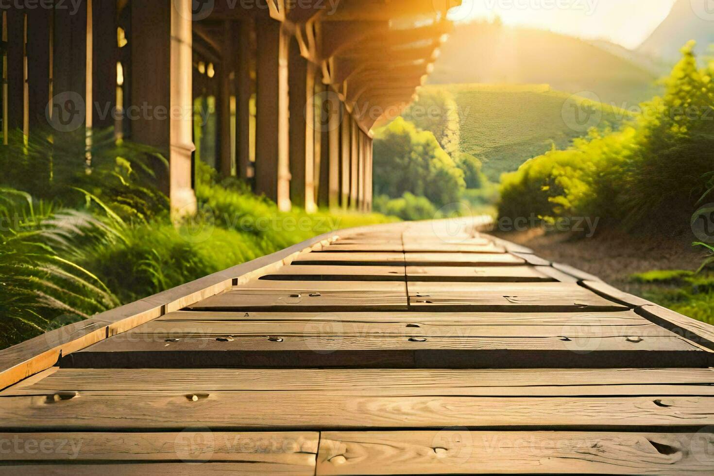 a wooden walkway leads to a green field. AI-Generated photo