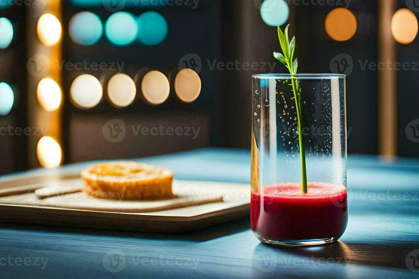 a glass of red liquid sitting on a table. AI-Generated photo