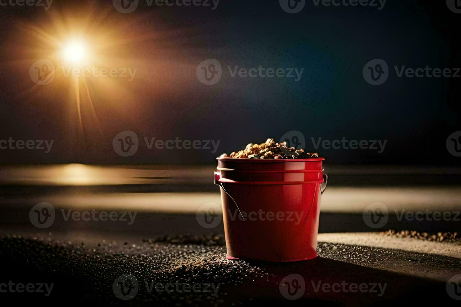 a red bucket filled with sand sits on the beach. AI-Generated photo