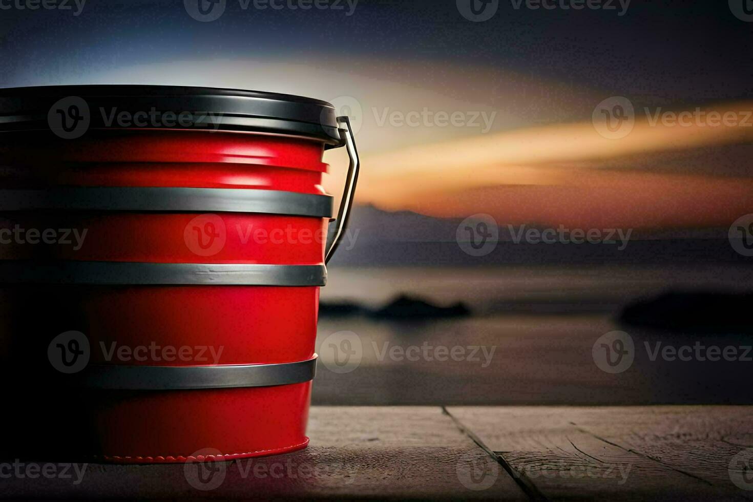 a red bucket sitting on a wooden table with a sunset in the background. AI-Generated photo