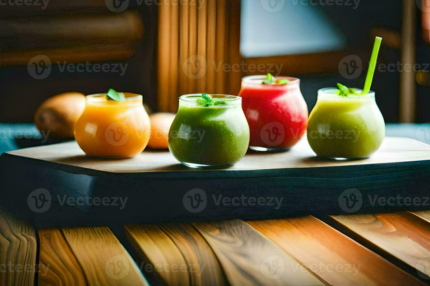 four different types of smoothies on a wooden tray. AI-Generated photo