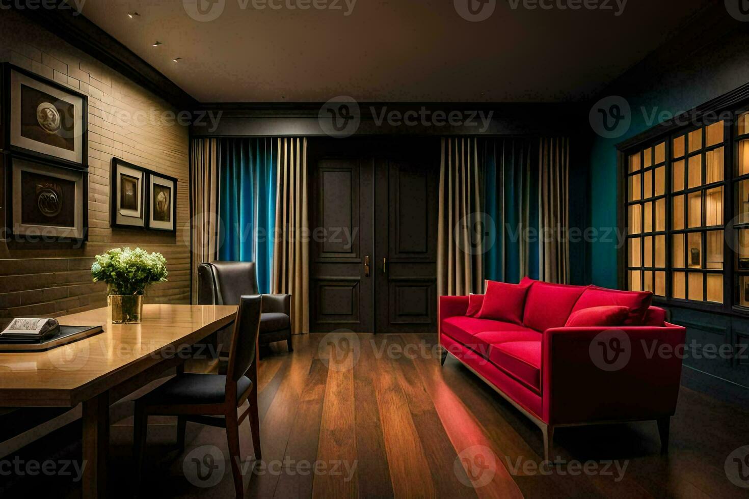 un hotel habitación con un rojo sofá y un escritorio. generado por ai foto