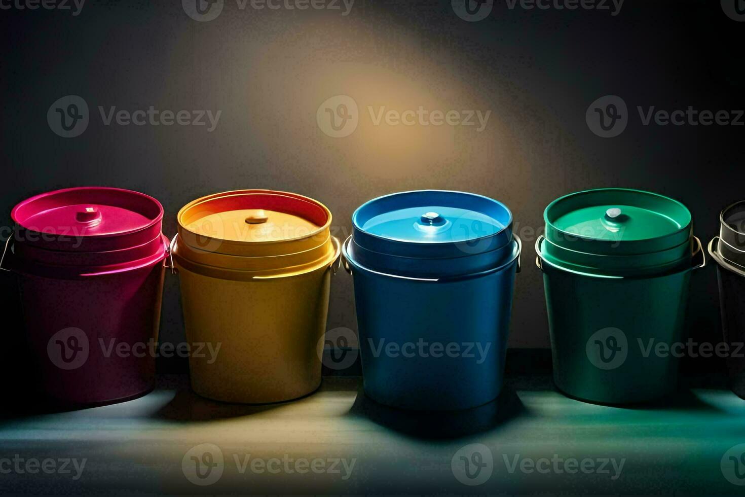 a row of colorful trash cans in a dark room. AI-Generated photo