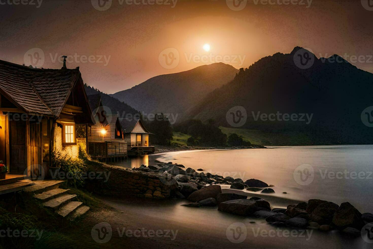 a cabin by the water at sunset. AI-Generated photo
