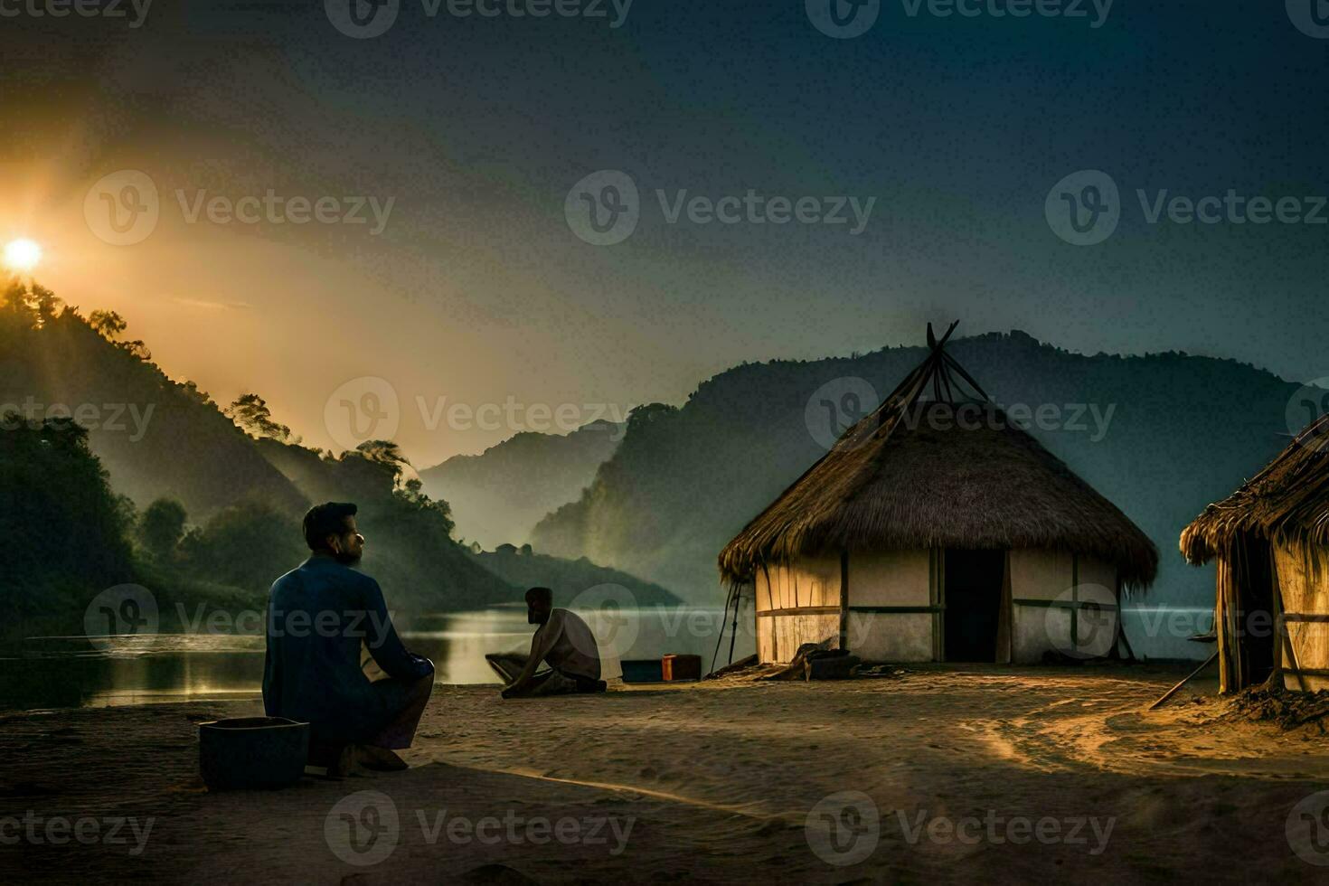 a man sits on the shore of a lake with a hut in the background. AI-Generated photo